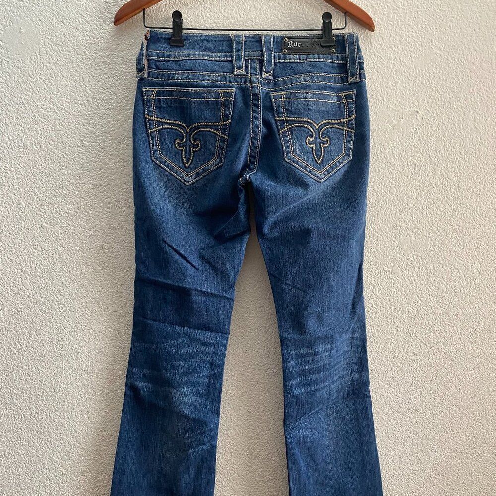 Rock Revival Janet Boot Cut Dark Wash Jeans 28 x 29.5 Low Rise Distressed